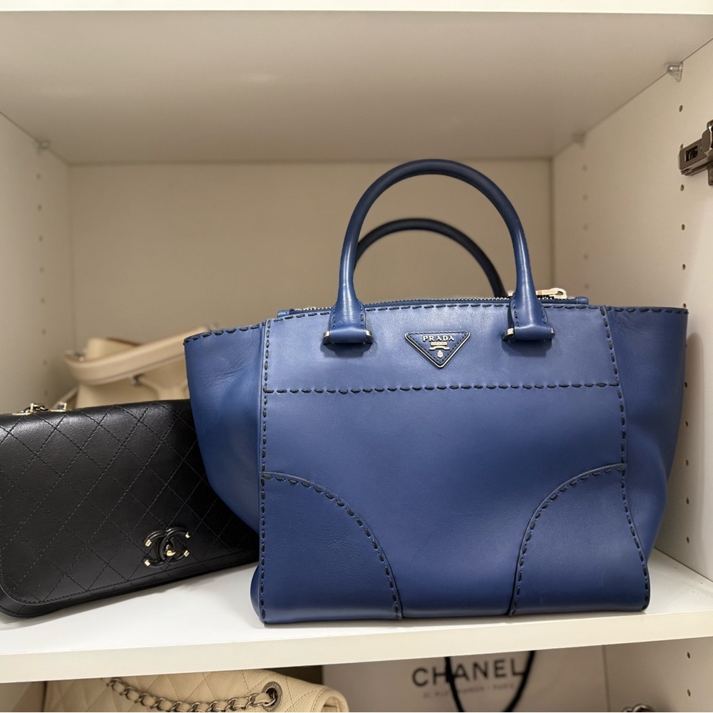 Prada Blue City Calf Stitched Twin Pocket Satchel